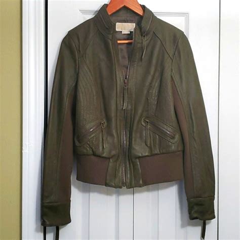 michael kors olive leather jacket|Michael Kors leather motorcycle jacket.